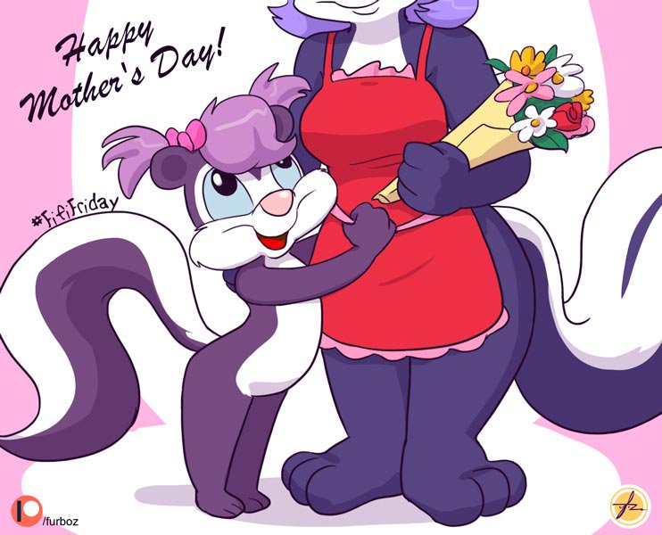 apron bow clothing daughter english_text female fifi_la_fume flower fur furboz hair holidays mammal mephitid mother mother's_day mother_and_daughter multicolored_fur parent pigtails plant purple_fur purple_hair signature simple_background skunk smile text tiny_toon_adventures warner_brothers white_fur young
