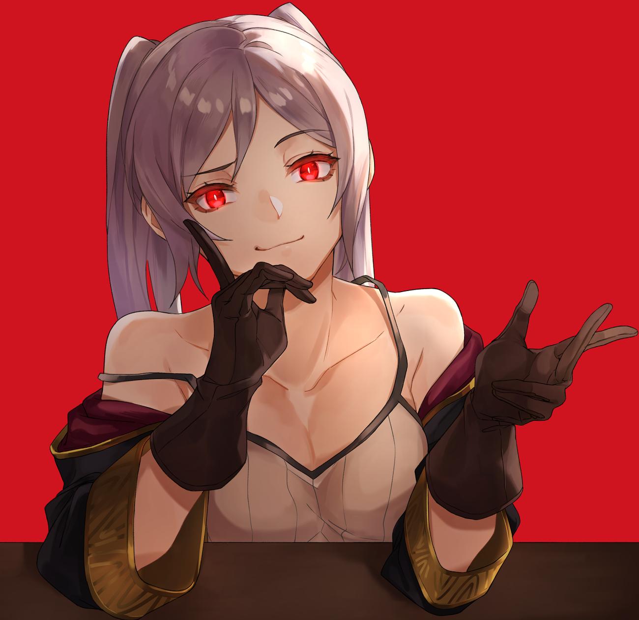 1girl bare_shoulders breasts cape dark_persona female_my_unit_(fire_emblem:_kakusei) fire_emblem fire_emblem:_kakusei fire_emblem_heroes gimurei gloves highres hood kamu_(kamuuei) long_hair looking_at_viewer medium_breasts my_unit_(fire_emblem:_kakusei) nintendo red_eyes robe silver_hair simple_background smile solo twintails upper_body