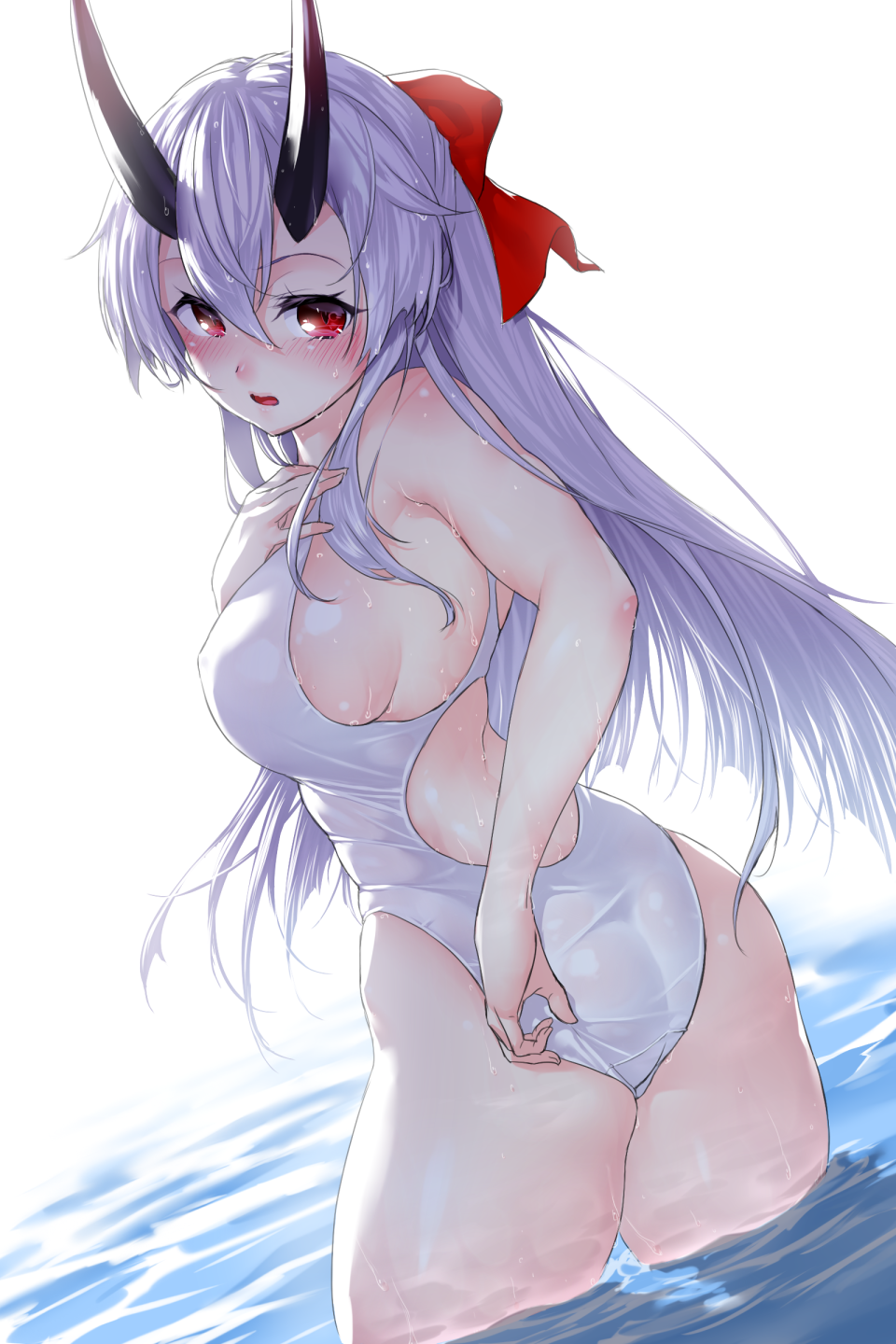 1girl alternate_costume alternate_hairstyle ass blush bow breasts commentary_request contemporary dutch_angle erect_nipples fate/grand_order fate_(series) from_behind hair_between_eyes hair_down hand_on_own_chest highres large_breasts long_hair one-piece_swimsuit oni_horns onsoku_maru open_mouth red_bow red_eyes sideboob silver_hair skindentation solo swimsuit thick_thighs thighs tomoe_gozen_(fate/grand_order) very_long_hair wading water white_swimsuit