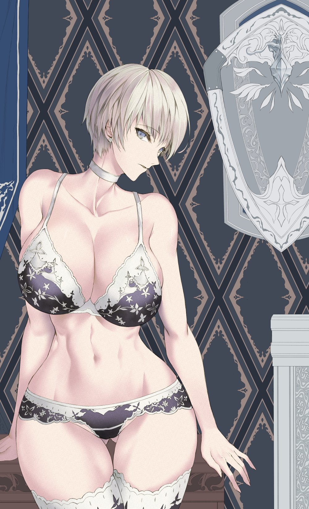 1girl bangs bare_shoulders bra breasts choker cleavage collarbone earrings eyebrows_visible_through_hair gluteal_fold grey_eyes groin hair_ornament head_tilt highres indoors jewelry large_breasts leaning_on_object limeblock lingerie looking_at_viewer navel original panties parted_lips purple_bra purple_panties shield short_hair solo stomach thighhighs thighs toned underwear white_hair