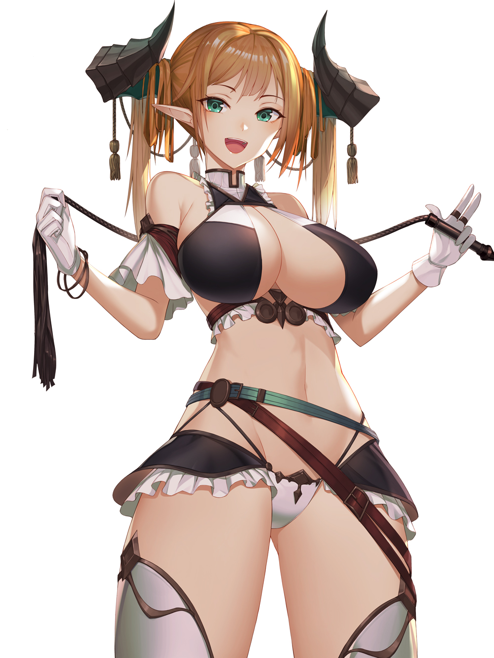 1girl :d bangle bangs belt bikini blonde_hair blush bracelet breasts btraphen commentary_request cowboy_shot detached_sleeves dragon_horns frills gloves gluteal_fold green_eyes groin highres holding horns jewelry large_breasts long_hair looking_at_viewer monster_girl multiple_rings multiple_straps navel open_mouth original pointy_ears revealing_clothes sidelocks simple_background smile solo stomach swimsuit tassel thighhighs thighs white_background white_gloves white_legwear