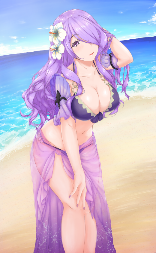 alternate_costume bare_legs beach bikini breasts camilla_(fire_emblem_if) cleavage cloud cloudy_sky collarbone cowboy_shot day diva20197 eyebrows_visible_through_hair fire_emblem fire_emblem_heroes fire_emblem_if floral_print flower hair_flower hair_ornament hair_over_one_eye hand_in_hair large_breasts lavender_hair leaning_forward long_hair looking_at_viewer nail_polish navel nintendo o-ring o-ring_bikini o-ring_bottom o-ring_top ocean outdoors parted_lips purple_bikini purple_eyes purple_nails sand sarong see-through sky smile standing swimsuit wavy_hair