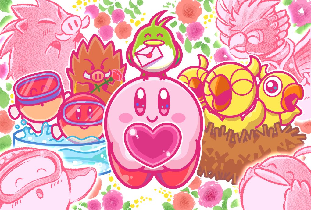 bird blipper chick commentary_request dyna_blade dyna_chick flower gift goggles heart kirby kirby_(series) letter looking_at_viewer love_letter mamanti mother's_day nelly_(kirby) nest nintendo no_humans nruff official_art outline pitch_(kirby) pitch_mama presenting rose smile white_outline