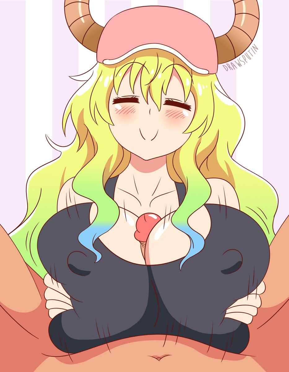 10s 1boy 1girl ^_^ baseball_cap between_breasts blonde_hair blush breast_grab breast_hold breasts closed_eyes dragon_girl dragon_horns drawsputin eyes_closed grabbing gradient_hair happy hat hetero highres horns huge_breasts kobayashi-san_chi_no_maidragon long_hair looking_at_viewer multicolored_hair paizuri paizuri_under_clothes penis quetzalcoatl_(maidragon) smile solo_focus tank_top uncensored upper_body