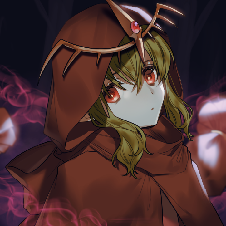 1girl aura chiicoo chiki cloak dark_aura fire_emblem fire_emblem:_monshou_no_nazo fire_emblem_heroes green_hair hood hood_up hooded_cloak mamkute nintendo red_eyes solo tiara upper_body