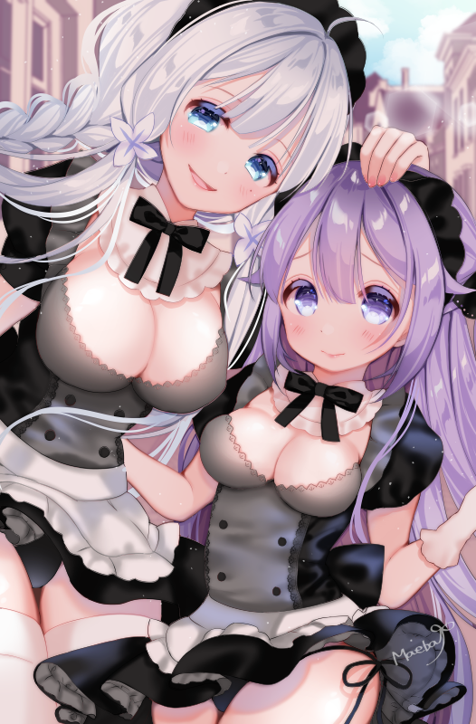 2girls ahoge apron azur_lane bangs black_panties blue_eyes blush braid breasts cleavage commentary_request detached_collar double-breasted flower gloves hair_between_eyes hair_flower hair_ornament hand_on_another's_head illustrious_(azur_lane) large_breasts long_hair looking_at_viewer maeha maid maid_headdress mole mole_under_eye multiple_girls panties petticoat puffy_short_sleeves puffy_sleeves purple_eyes purple_hair short_sleeves side-tie_panties silver_hair smile thighhighs underwear unicorn_(azur_lane) waist_apron white_gloves white_legwear