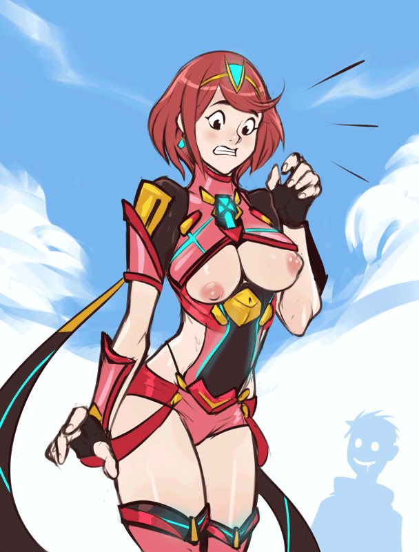 10s 1boy 1girl animated animated_gif areolae armor black_eyes black_gloves blush bodysuit breasts clenched_teeth cloud crop_top dissolving_clothes earring female gloves headpiece homura_(xenoblade_2) izra large_breasts legwear loop monolith_soft nintendo nipple_slip nipples nude o_o outdoors pervert red_hair red_legwear red_shorts rex_(xenoblade_2) saliva short_hair shorts silhouette sky smile solo_focus standing staring surprised teeth watching xenoblade_(series) xenoblade_2