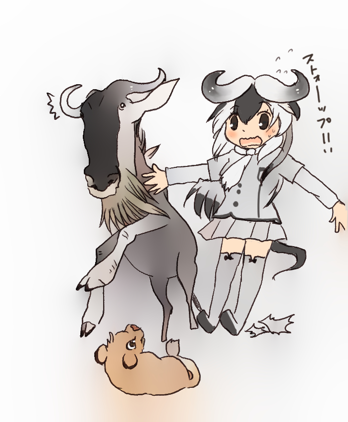 2019 5_fingers absolute_territory alcelaphine ambiguous_gender animal_humanoid antelope antelope_humanoid beady_eyes biped black_eyes black_hair black_tail blue_wildebeest blue_wildebeest_(kemono_friends) bottomwear bovid bovid_humanoid breasts brown_eyes brown_fur brown_nose brown_tail clothed clothing cloven_hooves cub curved_horn digital_drawing_(artwork) digital_media_(artwork) emanata eye_contact eyebrow_through_hair eyebrows fear felid female feral flying_sweatdrops frown full-length_portrait fully_clothed fur gnu gnu_humanoid grey_bottomwear grey_clothing grey_ears grey_fur grey_hair grey_hooves grey_horn grey_legwear grey_shirt grey_skirt grey_socks grey_topwear group hair hooves horn humanoid iceeye_ena japanese japanese_text jumping kemono_friends larger_ambiguous larger_female larger_feral larger_humanoid legwear light_skin lion long_hair looking_at_another looking_down looking_up lying mammal multicolored_hair open_frown open_mouth pantherine pleated_skirt portrait predator/prey quadruped raised_eyebrows running scared scarf shadow shirt simple_background size_difference skirt smaller_ambiguous smaller_feral snout socks spread_arms surprise suspended_in_midair sweat sweatdrop tail_tuft tan_skin text topwear translated translucent translucent_hair tuft two_tone_hair white_background white_hair young