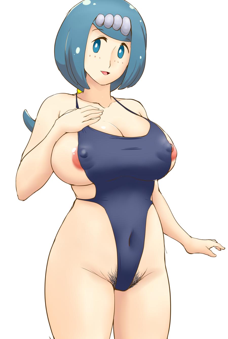 1girl areola_slip areolae bangs blue_eyes blue_hair blunt_bangs breasts covered_navel creatures_(company) erect_nipples female game_freak hairband highres looking_at_viewer milf navel nintendo nipples one-piece_swimsuit pokemon pokemon_(anime) pokemon_sm_(anime) pubic_hair shiny shiny_skin simple_background suiren's_mother_(pokemon) swimsuit tof
