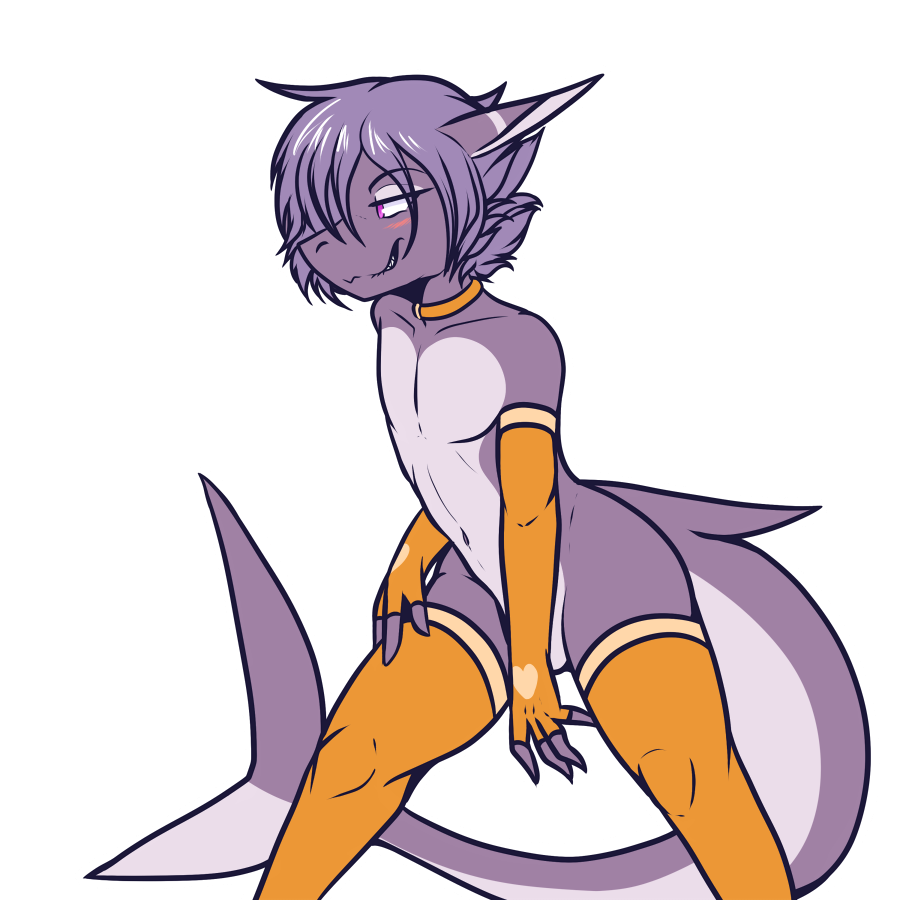 2019 alpha_channel anthro blush clothed clothing crackers crossdressing fish girly hair legwear male marine mostly_nude nebari pink_eyes purple_body purple_hair shark simple_background smile solo stockings transparent_background