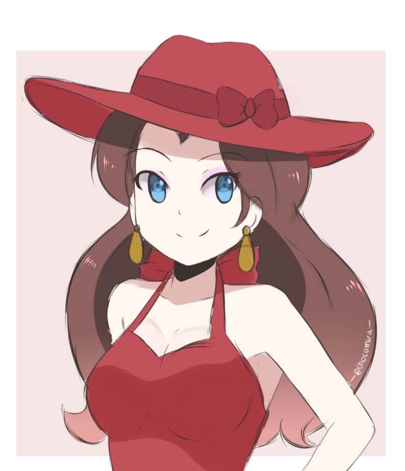 1girl blue_eyes breasts brown_hair cleavage donkey_kong_(game) donkey_kong_(series) dress earrings grin hat jewelry long_hair mario_(series) mayor nintendo pauline pose red_dress red_hat singer smile solo super_mario_bros. super_mario_odyssey