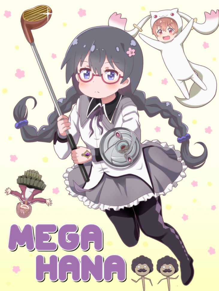 3girls akemi_homura akemi_homura_(cosplay) alternate_hairstyle animal_costume bespectacled black_hair blush braid buckler cosplay fang glasses golf_club hoshino_hinata hoshino_miyako_(wataten) kyubey mahou_shoujo_madoka_magica multiple_girls open_mouth orange_hair pantyhose purple_eyes samenoido shield shirosaki_hana short_hair siblings soul_gem twin_braids upside-down watashi_ni_tenshi_ga_maiorita!