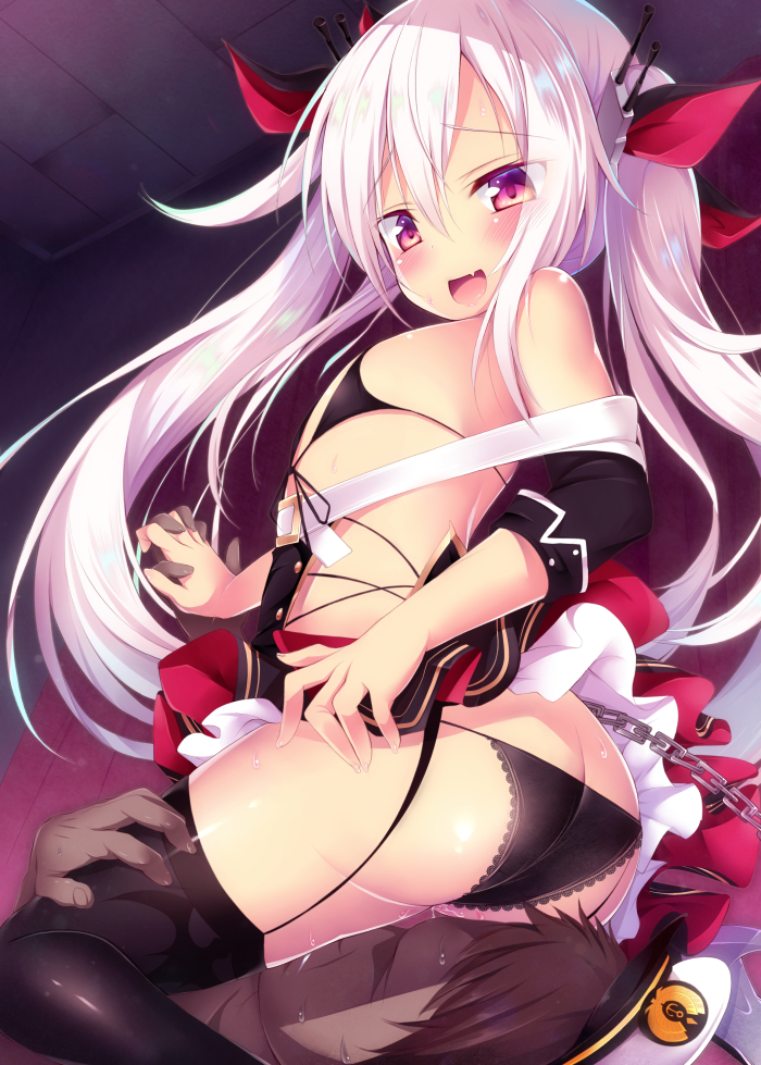1girl :d arched_back ass azur_lane bangs bare_shoulders bikini_top black_bikini_top black_dress black_legwear black_panties black_sleeves blush chain commander_(azur_lane) commentary_request detached_sleeves dress eyebrows_visible_through_hair fang fingernails flat_chest front-tie_bikini front-tie_top garter_straps hair_between_eyes hat hetero holding_hands indoors interlocked_fingers long_hair long_sleeves looking_at_viewer looking_back open_mouth panties peaked_cap ponpon_(tosico) pussy_juice red_eyes silver_hair sitting sitting_on_face sitting_on_person smile solo_focus thighhighs twintails underwear vampire_(azur_lane) very_long_hair white_hat