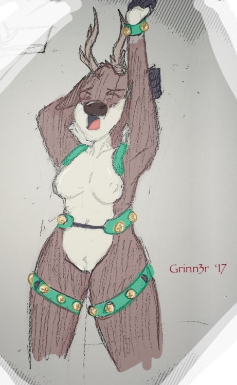 anthro bell breasts cervine christmas female grinn3r harness holidays horn jingle_bells mammal nude open_mouth pussy reindeer solo yawn