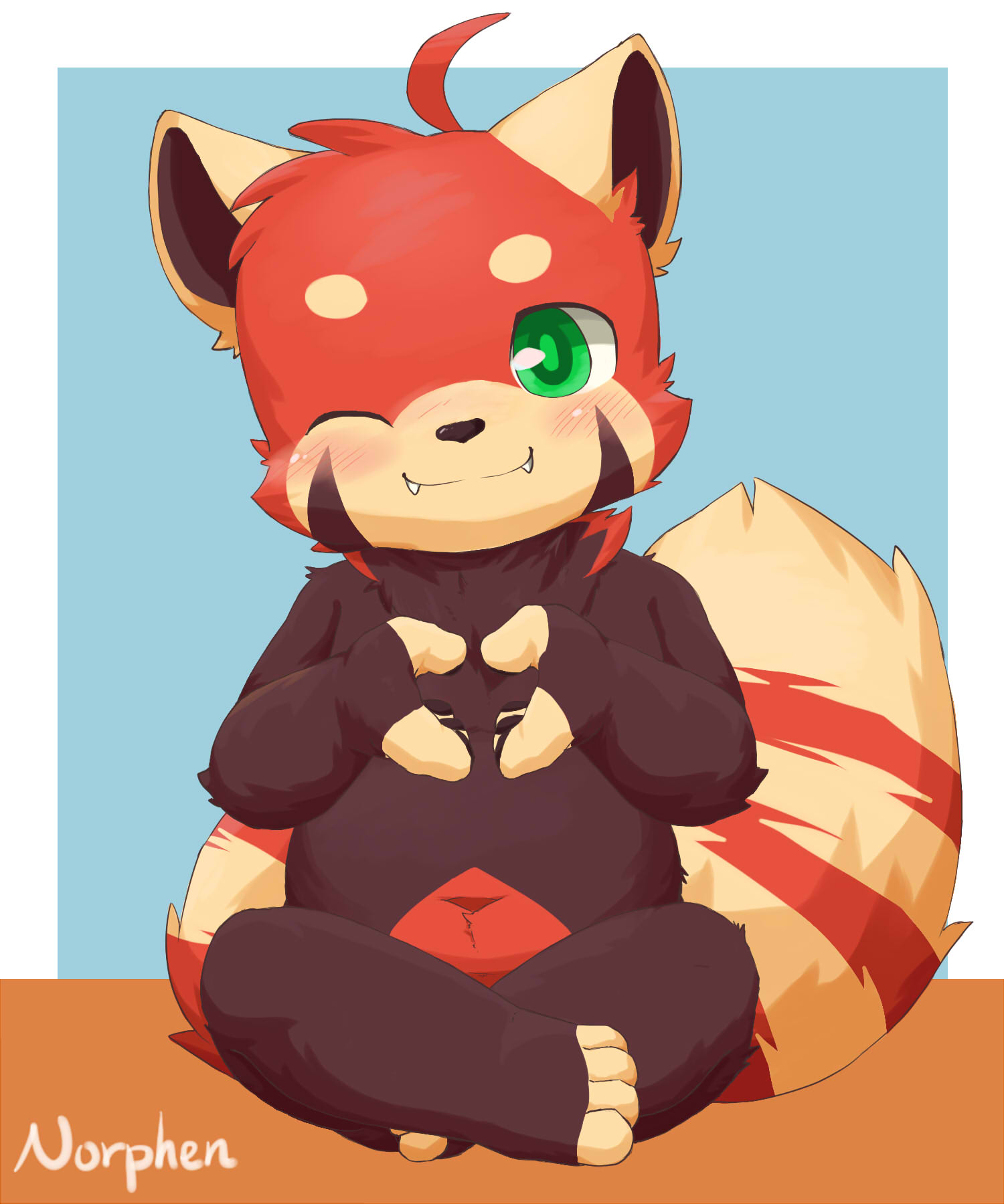 4_fingers 4_toes ailurid ambiguous_gender blush cub cute_fangs green_eyes hi_res looking_at_viewer mammal navel norphen one_eye_closed paws red_panda simple_background sitting slightly_chubby toes wink young