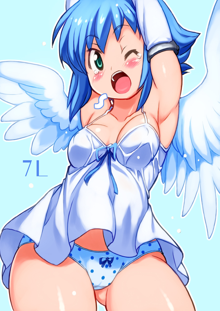 1girl angel angel_wings armpits arms_up asymmetrical_wings bare_shoulders blue_hair blush breasts cameltoe commentary_request elbow_gloves gloves gluteal_fold green_eyes looking_at_viewer medium_breasts nanael one_eye_closed open_mouth panties polka_dot polka_dot_panties queen's_blade shiny shiny_hair shiny_skin short_hair solo thighs underwear wings yu_3