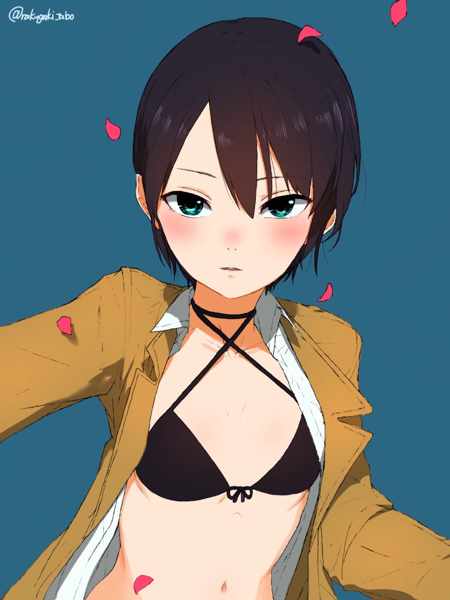 1girl aqua_eyes arm_up bangs beige_coat black_bra black_hair blue_background blush bow bow_bra bra coat collar_bone collar_shirt flat_chest hair_between_eyes highres kino kino_no_tabi long_sleeves navel open_clothes open_coat open_shirt parted_lips petals short_hair simple_background solo swept_bangs tomboy turbo_engine_(rakugaki_tabo) twitter_name underwear upper_body white_shir