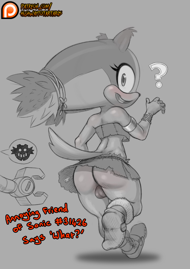 ? anthro backsack badger balls bandeau bare_shoulders blush bottomwear breasts butt clothing dickgirl disembodied_hand dr._eggman english_text footwear grey_background highwaytotartarus intersex looking_back machine mammal miniskirt monochrome mustelid musteline no_underwear pictographics rear_view robot shoes simple_background skirt smile solo_focus sonic_(series) sonic_boom sticks_the_jungle_badger text tied_hair under_boob