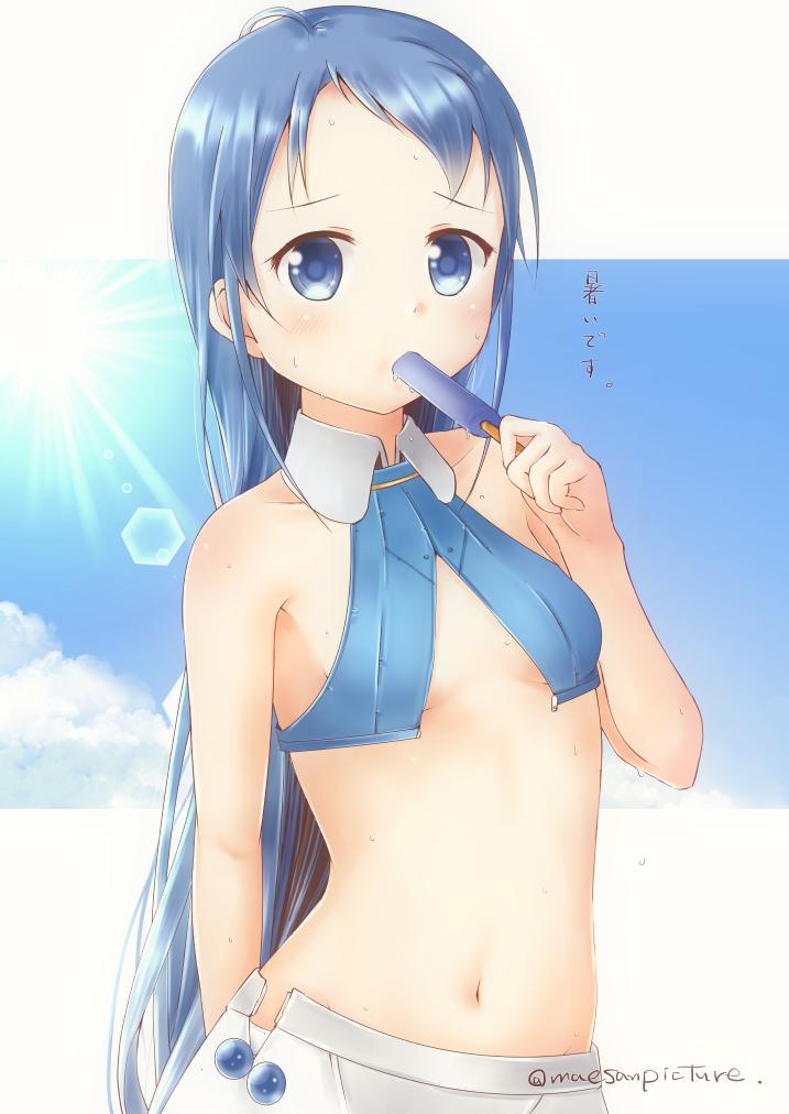 adapted_costume arm_behind_back artist_name bangs bare_arms bare_shoulders bikini_top blue_eyes blue_hair blue_sky blush breasts cloud collar collarbone commentary_request eating food holding holding_food kantai_collection light_rays long_hair looking_at_viewer mae_(maesanpicture) naval outdoors panties popsicle samidare_(kantai_collection) skirt sky small_breasts sun sweat swept_bangs translation_request underwear unfastened very_long_hair white_panties white_skirt