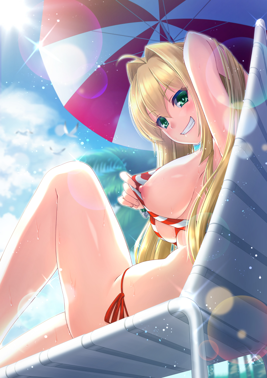 1girl ahoge areolae armpits beach_umbrella bikini bikini_tug blonde_hair blue_sky blush breasts chair cleavage cloud criss-cross_halter day earrings eyebrows_visible_through_hair fate/grand_order fate_(series) green_eyes grin hair_intakes halterneck highres jewelry ken_ill knee_up large_breasts light_particles long_hair looking_at_viewer lounge_chair navel nero_claudius_(fate) nero_claudius_(fate)_(all) nero_claudius_(swimsuit_caster)_(fate) nipples outdoors reclining side-tie_bikini sky smile solo striped striped_bikini swimsuit twintails umbrella