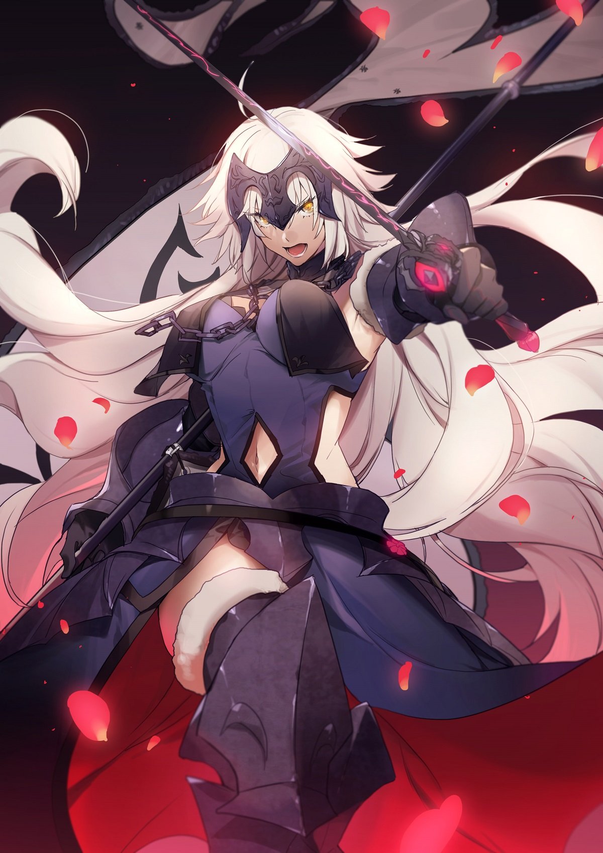 ahoge armor armored_dress black_dress chains dress fate/grand_order fate_(series) flag fur_trim gauntlets headpiece highres jeanne_d'arc_(alter)_(fate) jeanne_d'arc_(fate)_(all) looking_at_viewer no-kan open_mouth silver_hair yellow_eyes