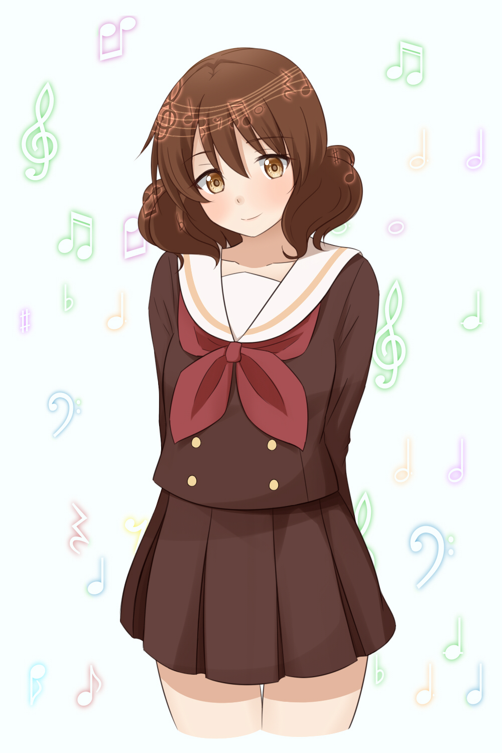 1girl arms_behind_back bass_clef beamed_eighth_notes beamed_sixteenth_notes brown_eyes brown_hair brown_serafuku brown_skirt commentary_request cowboy_shot cropped_legs dotted_half_note dotted_quarter_note eighth_rest flat_sign green_background half_note head_tilt hibike!_euphonium highres hokuto long_sleeves looking_at_viewer medium_hair musical_note neckerchief oumae_kumiko pleated_skirt quarter_note quarter_rest red_neckwear sailor_collar school_uniform sharp_sign skirt smile solo staff_(music) standing treble_clef white_sailor_collar whole_note