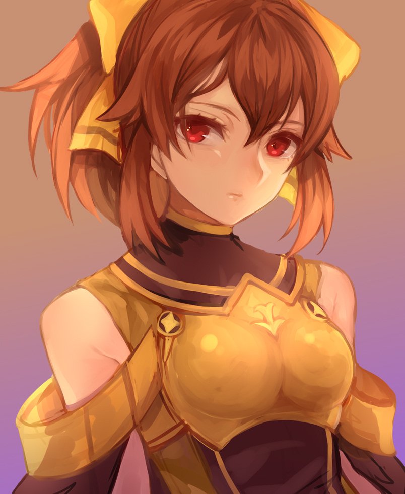 1girl bow breastplate brown_hair closed_mouth dyute_(fire_emblem) fire_emblem fire_emblem_echoes:_mou_hitori_no_eiyuuou fire_emblem_heroes gradient gradient_background hair_bow jurge long_hair nintendo red_eyes simple_background solo upper_body