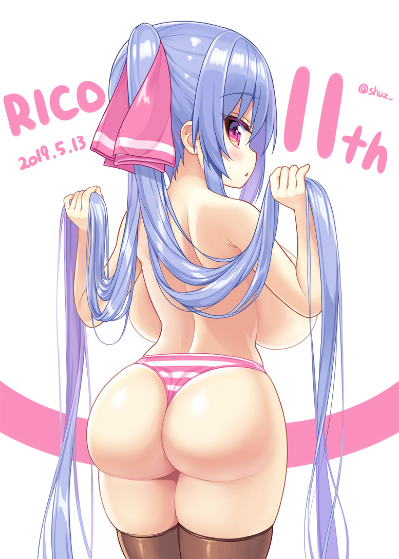 1girl ass backboob bangs black_legwear blue_hair blush breasts character_name dated hair_ribbon holding holding_hair huge_breasts long_hair looking_at_viewer looking_back open_mouth original panties red_eyes ribbon riko_(shuz) shuz_(dodidu) solo striped striped_panties thighhighs topless twintails underwear