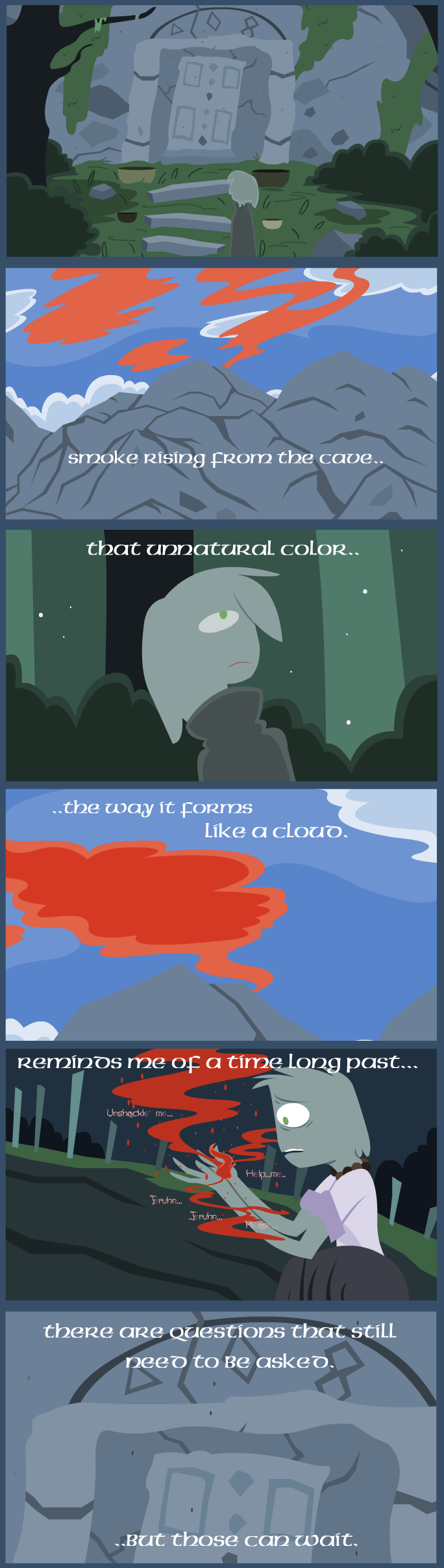 2019 absurd_res cloak clothed clothing cloud comic digital_media_(artwork) english_text green_eyes hair hi_res human landscape mammal mountain open_mouth outside red_text shane_frost simple_background teeth text white_text