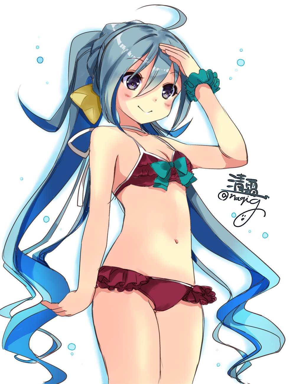 1girl alternate_costume bikini blue_hair blush breasts closed_mouth eyebrows_visible_through_hair gouda_nagi gradient gradient_background grey_eyes grey_hair hair_between_eyes hair_bun highres kantai_collection kiyoshimo_(kantai_collection) long_hair low_twintails multicolored_hair navel small_breasts smile solo swimsuit twintails very_long_hair