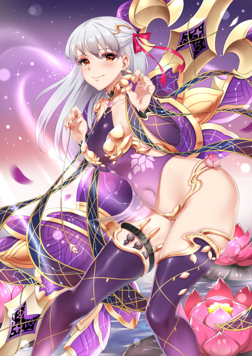 1girl armor bangs bikini_armor blush breasts closed_mouth collarbone covered_navel detached_sleeves dress earrings fate/grand_order fate_(series) flower hair_ribbon halterneck handesu jewelry kama_(fate/grand_order) long_hair looking_at_viewer lotus medium_breasts pink_ribbon purple_dress purple_legwear purple_sleeves red_eyes ribbon ring silver_hair smile solo thigh_strap thighlet thighs vajra_(object)