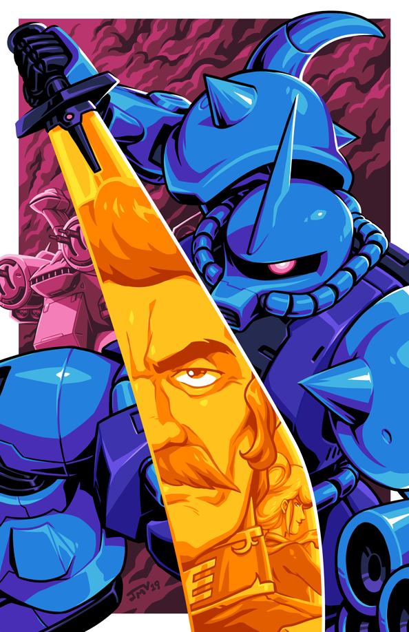 border commentary english_commentary facial_hair glowing glowing_eye gouf gouf_custom gundam gundam_08th_ms_team holding holding_sword holding_weapon horn kaigetsudo mecha mobile_suit_gundam mustache one-eyed outside_border pauldrons pink_eyes ramba_ral reflection science_fiction spikes sword weapon white_border zeon