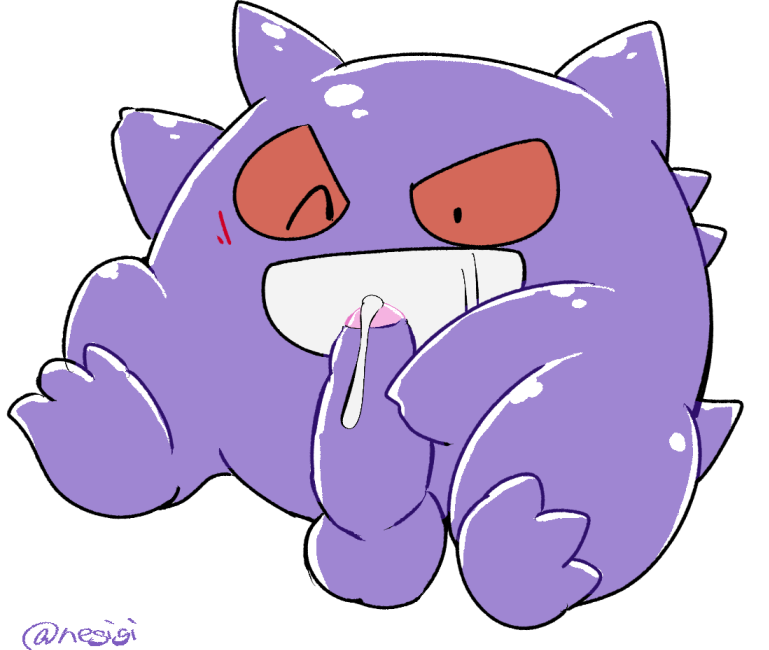 2019 anthro balls blush cum ejaculation gengar humanoid_penis male masturbation negigi nintendo one_eye_closed penis pok&eacute;mon pok&eacute;mon_(species) simple_background sitting solo video_games white_background wink