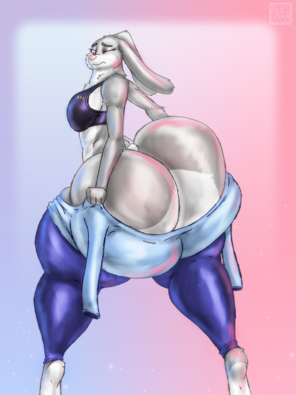 anthro big_breasts big_butt breasts butt clothed clothing digital_media_(artwork) disney female fur hi_res huge_butt hyper hyper_butt judy_hopps lagomorph legwear leporid mammal purple_eyes rabbit simple_background solo standing thick_thighs wide_hips xtrent968 zootopia