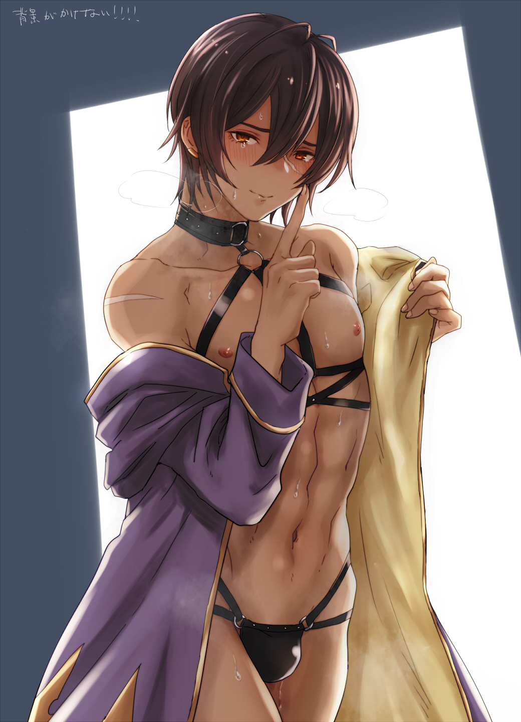 10s 1boy ? @@@ black_hair blush bulge dark_skin dark_skinned_male granblue_fantasy highres jamil_(granblue_fantasy) male_focus muscle nipples scar shirt shirt_lift short_hair solo