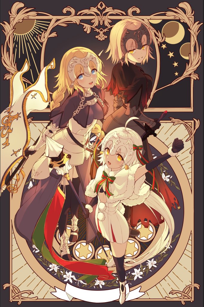 3girls armor bell black_gloves black_legwear blonde_hair blue_eyes blush bow braid breasts elbow_gloves eyebrows_visible_through_hair fate/grand_order fate_(series) gloves green_bow headpiece jeanne_d'arc_(alter)_(fate) jeanne_d'arc_(fate) jeanne_d'arc_(fate)_(all) jeanne_d'arc_alter_santa_lily kh_(kh_1128) large_breasts long_hair looking_at_viewer multicolored_bow multiple_girls open_mouth parted_lips red_bow short_hair small_breasts smile thighhighs yellow_eyes