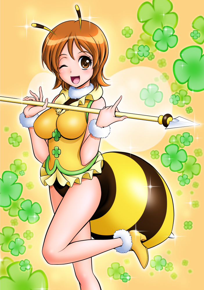 1girl antennae bee_costume blush breasts brown_eyes brown_hair choker clover clover_(plant) costume female four-leaf_clover happinesscharge_precure! insect_wings lance large_breasts looking_at_viewer mattsua medium_hair one_eye_closed oomori_yuuko open_mouth polearm precure smile solo sparkle striped vest weapon wings wink wristband yellow_clothes