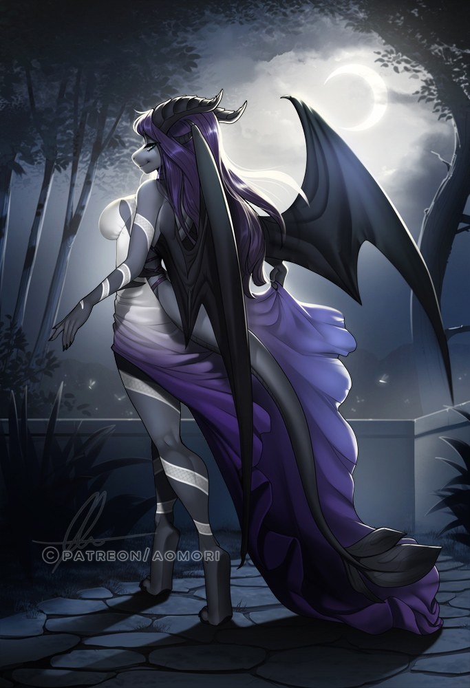 2019 5_fingers anthro aomori barefoot breasts clothed clothing digital_media_(artwork) dragon female hair horn night outside purple_hair scalie smile solo standing western_dragon