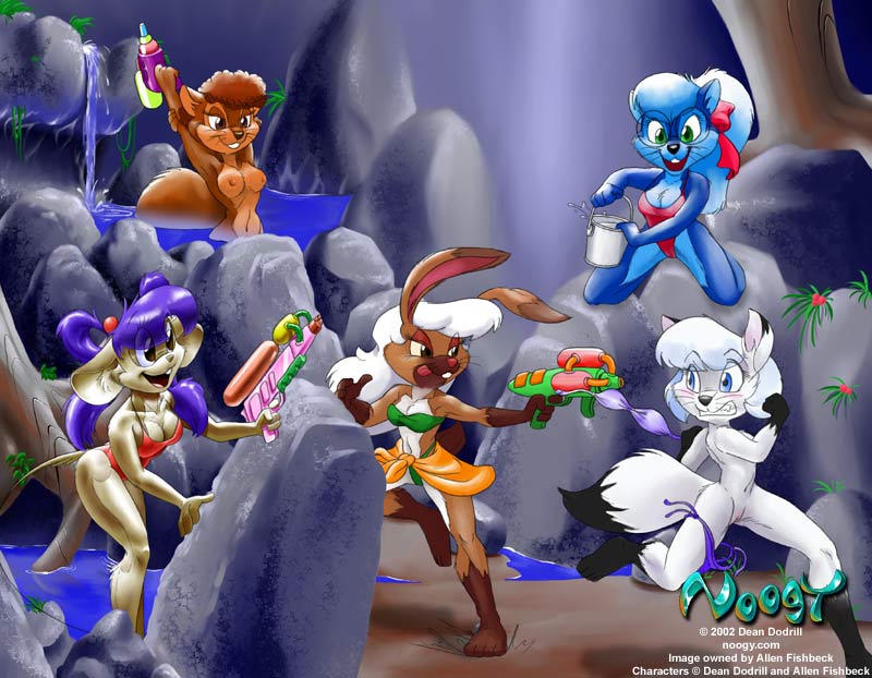 2001 4_fingers 4_toes anthro artist barefoot big_eyes bikini bikini_bottom bikini_top blue_fur bonnie_(elysian_tail) bottomwear bow breasts brown_fur brush bucket_of_water canid canine clenched_teeth clothed clothing cloud day dean_dodrill female fox fully_clothed fur hair hands_behind_head holding_object holding_weapon lagomorph leporid long_hair mammal midriff mouse murid murine navel nipples nude open_mouth outside pink_nose plantigrade purple_hair pussy rabbit ribbons rodent smile standing swimwear tan_fur teeth toes topwear tree wardrobe_malfunction water weapon white_fur