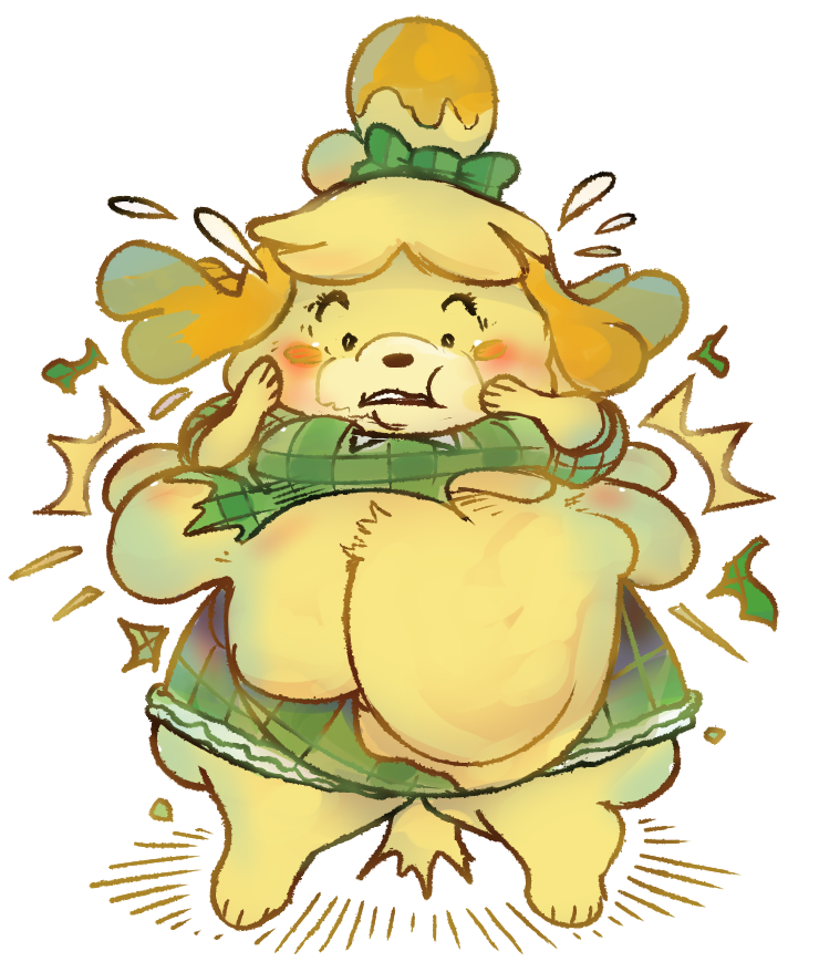 ! 2019 animal_crossing anthro blush clothed clothes_bursting clothing digital_media_(artwork) female fuzzywooly isabelle_(animal_crossing) nintendo obese obese_female overweight overweight_female simple_background solo video_games