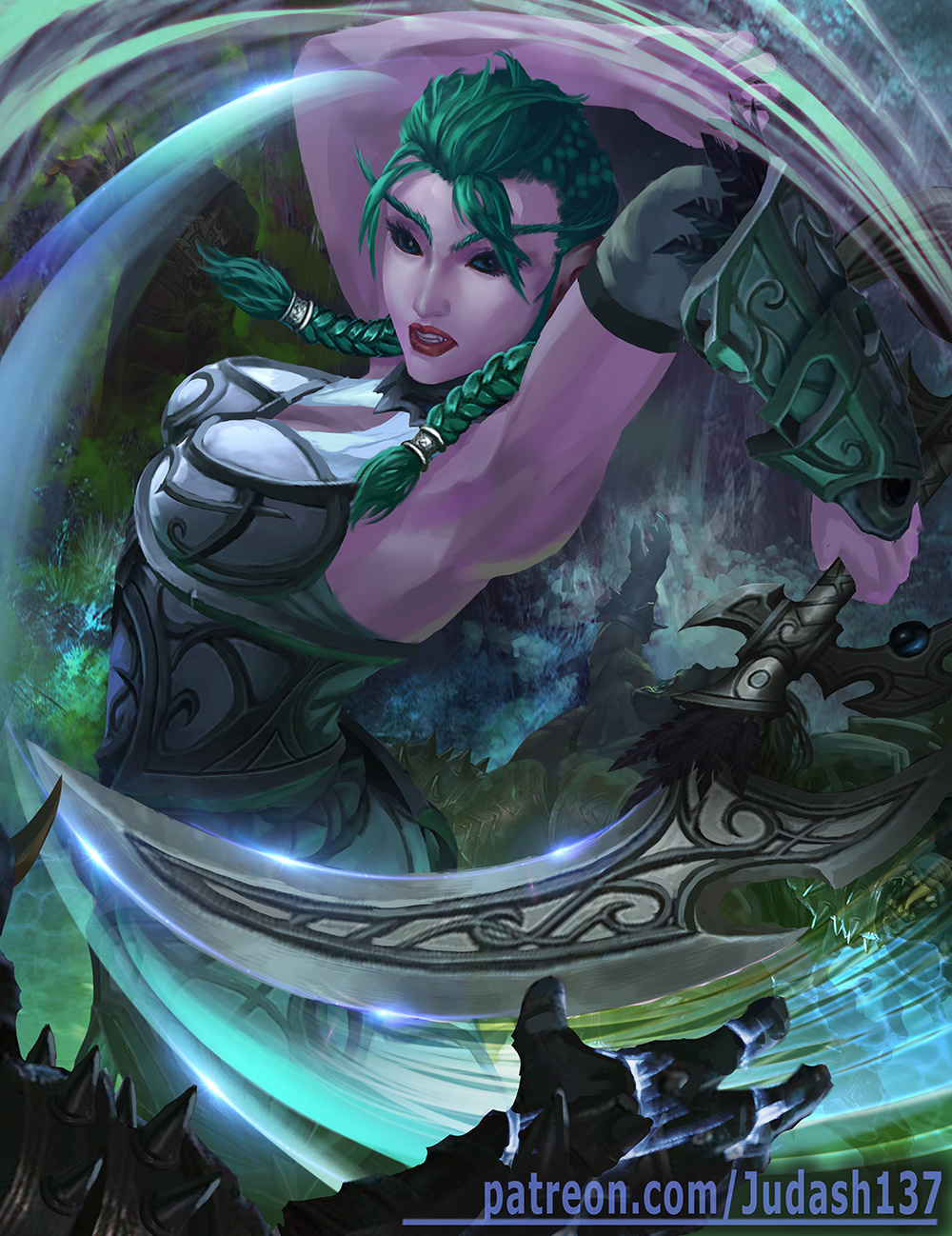 1girl armor ass bare_shoulders breasts censored collar dress elf green_hair heroes_of_the_storm highres jewelry judash137 long_hair looking_at_viewer medium_breasts open_mouth paid_reward patreon_reward pointy_ears purple_skin solo tyrande_whisperwind warcraft weapon white_ world_of_warcraft