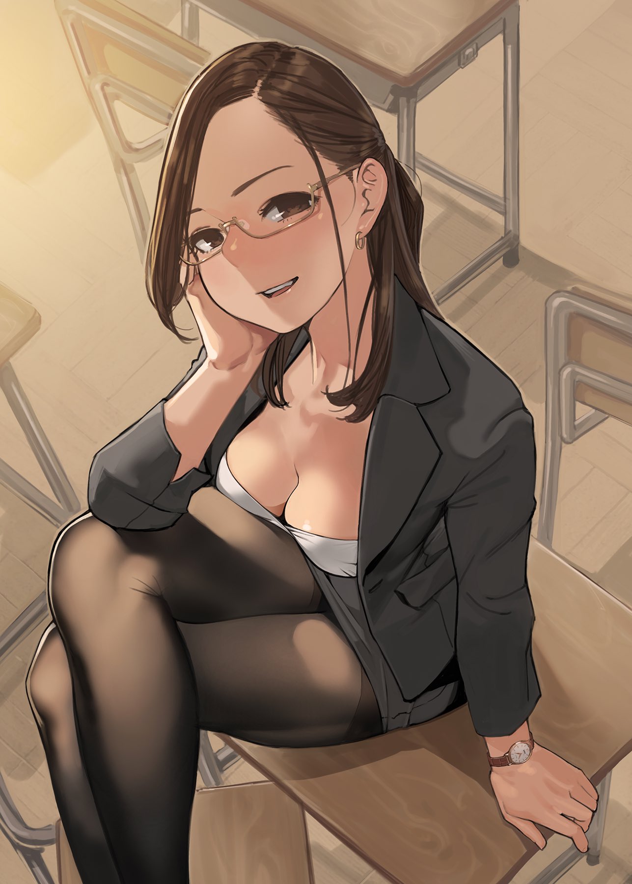 1girl :d arm_support black_jacket black_skirt blush breasts brown_eyes brown_hair chair classroom cleavage collarbone desk earrings fine_fabric_emphasis forehead formal from_above glasses gold-framed_eyewear hair_ornament hand_on_own_cheek head_tilt highres jacket jewelry legs_crossed long_hair looking_at_viewer lying medium_breasts miru_tights okuzumi_yuiko on_desk on_stomach open_clothes open_jacket open_mouth pantyhose pencil_skirt semi-rimless_eyewear shirt sitting sitting_on_desk skirt skirt_suit smile soles solo suit thighs watch white_shirt yomu_(sgt_epper)