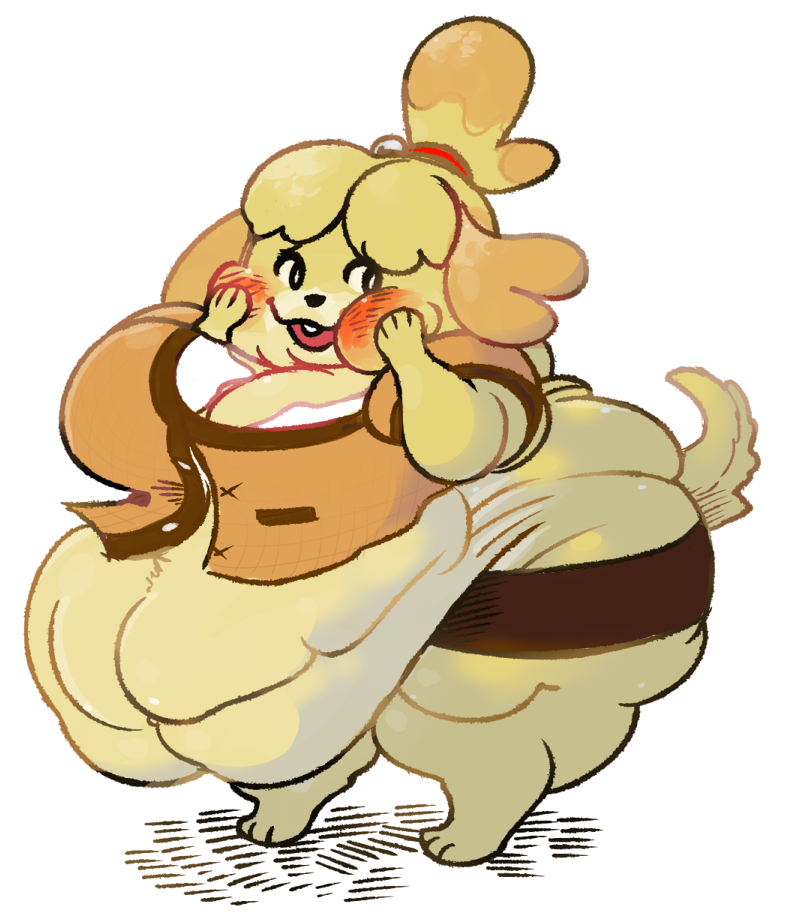 2019 animal_crossing anthro belly big_belly big_breasts blush breasts clothed clothing digital_media_(artwork) female fuzzywooly isabelle_(animal_crossing) morbidly_obese nintendo obese open_mouth overweight simple_background smile solo thick_thighs video_games