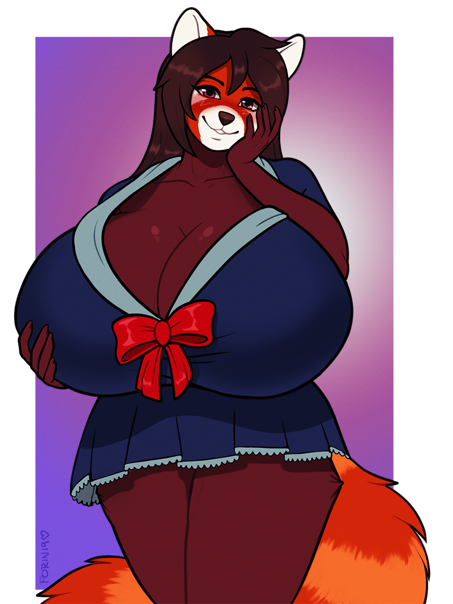 2019 ailurid anthro big_breasts breasts clothed clothing curvaceous female hi_res huge_breasts looking_at_viewer mammal porin red_panda simple_background smile solo standing