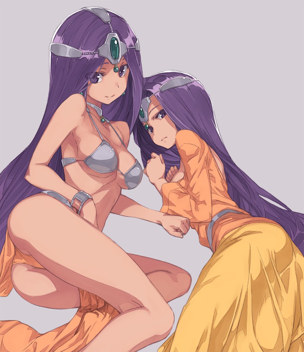 2girls armor ass bikini_armor bikini_top breasts choker circlet cleavage commentary_request dancer dancer's_costume_(dq) dark_skin dragon_quest dragon_quest_iv earrings grey_background hair_ornament highres jewelry kneepits legs loincloth long_hair looking_at_viewer lying manya minea multiple_girls on_side orange_panties orange_shirt panties purple_eyes purple_hair shirt siblings simple_background sisters skirt smile sumaki_shungo thighs twins underwear very_long_hair yellow_skirt