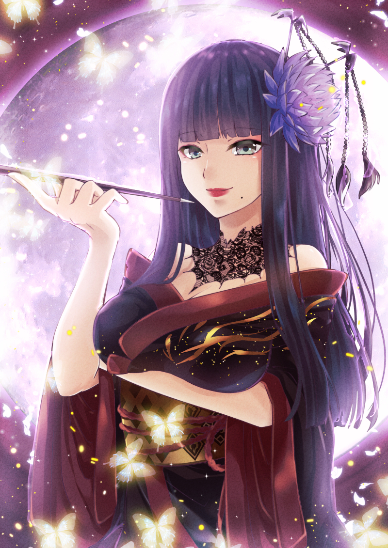 1girl bangs bat_hair_ornament black_hair blue_eyes blue_flower blunt_bangs blunt_ends breast_hold breasts bug butterfly cinders cleavage commentary_request detached_collar final_fantasy final_fantasy_xiv flower glowing glowing_butterfly hair_flower hair_ornament hand_up hime_cut holding_kiseru insect japanese_clothes kanzashi kimono kiseru lace_collar light_smile lips lipstick long_hair looking_at_viewer makeup mole mole_under_mouth moon obi off-shoulder_kimono off_shoulder pipe red_rope rope sash shidou_riko sidelocks solo tassel very_long_hair yotsuyu_(ff14)