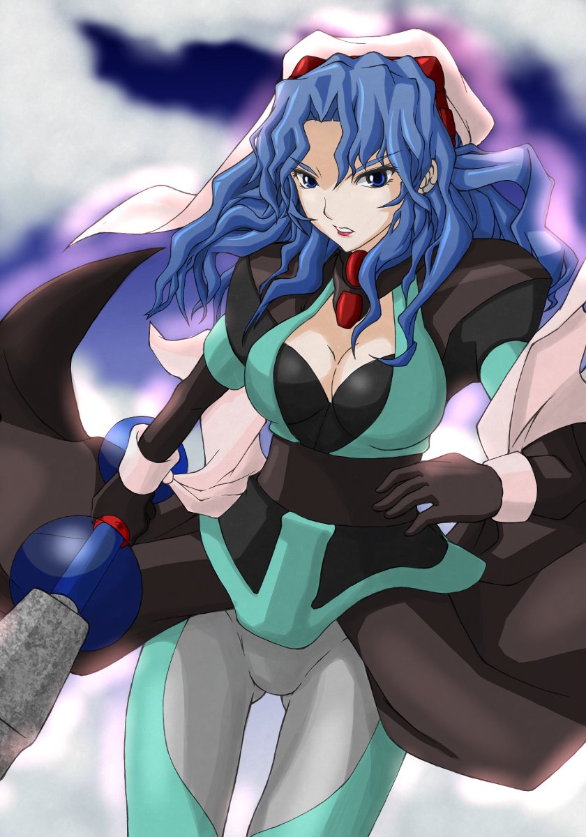 1girl 90s amakarakuchi bangs black_gloves blue_hair blurry blurry_background breasts choker cleavage cloud cloudy_sky el_hazard eyebrows_visible_through_hair gloves gluteal_fold hair_between_eyes headdress headgear highres holding holding_staff ifurita large_breasts lipstick long_hair looking_at_viewer makeup parted_bangs parted_lips puffy_sleeves sash skin_tight sky solo staff v-shaped_eyebrows wind