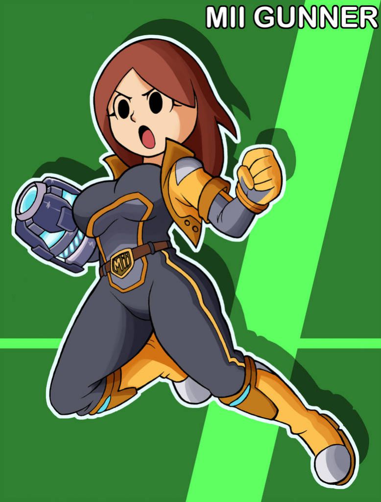 arm_cannon belt black_eyes boots breasts brown_hair clenched_hand eyebrows eyelashes female female_focus gloves gun_arm hair jacket mii_gunner nintendo open_jacket open_mouth pedrocorreia pose skin_tight super_smash_bros. super_smash_bros._ultimate weapon