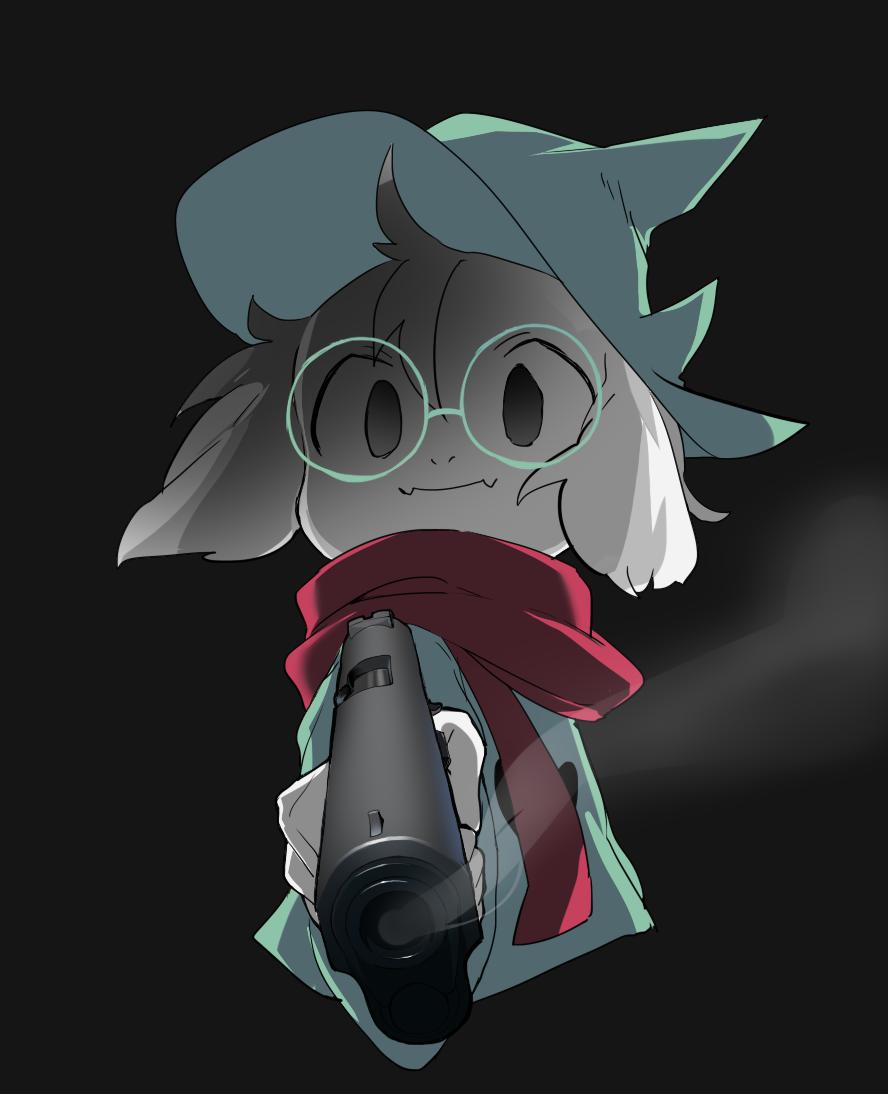 2019 black_fur bovid caprine clothed clothing delet_this deltarune eyewear fur gesture glasses gun gun_smoke hat headgear headwear holding_object holding_weapon looking_at_viewer mammal meme pointing pointing_at_viewer ralsei ranged_weapon scarf simple_background ss_komu video_games weapon