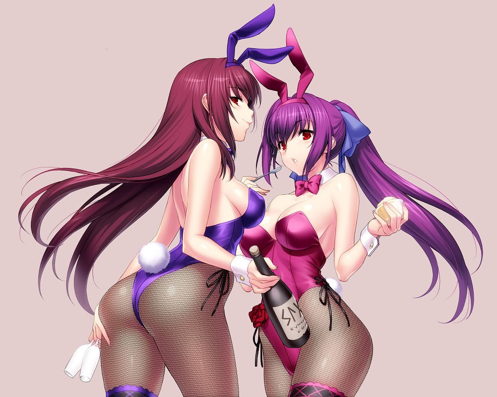 2girls animal_ears ass bottle bow bowtie breasts bunny_ears bunny_tail bunnysuit cup detached_collar drinking_glass fate/grand_order fate_(series) fishnet_pantyhose fishnets garter_straps grey_background leotard long_hair looking_at_viewer medium_breasts multiple_girls pantyhose parted_lips pink_leotard pink_neckwear ponytail purple_hair purple_leotard purple_neckwear red_eyes runes scathach_(fate)_(all) scathach_(fate/grand_order) scathach_skadi_(fate/grand_order) simple_background spoon strapless strapless_leotard tail wine_bottle wine_glass wrist_cuffs zen